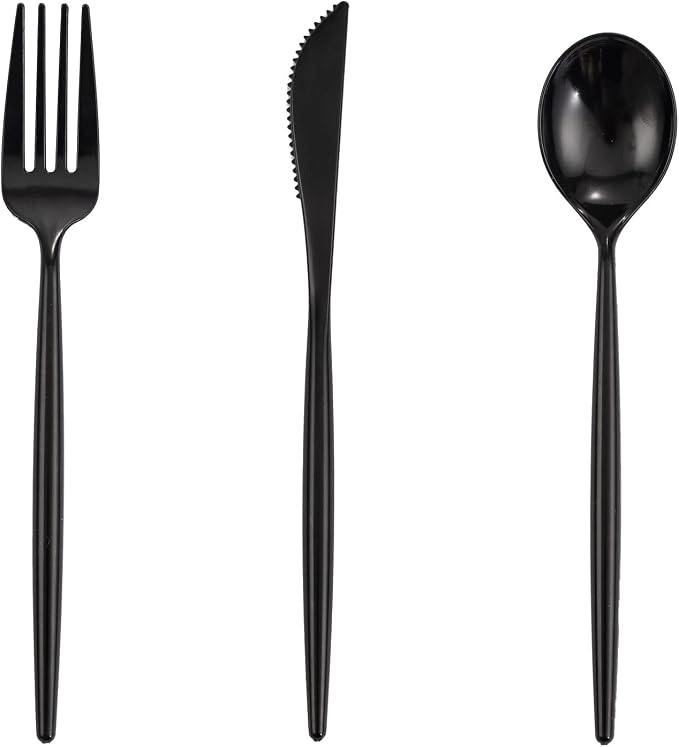 Supernal 180pcs Black Plastic Silverware Set - Heavy Duty Disposable Utensils (60 Forks, 60 Knives, 60 Spoons) - Elegant Black Cutlery for Parties, Weddings & BBQ