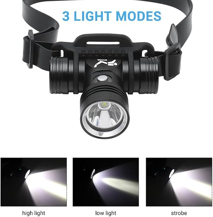 BORUIT B14 Rechargeable Diving Headlamp Flashlight IPX8 Waterproof Head Lamp Super Bright - 3 Light Mode Underwater 60M Swimming Headlight fit Adult Fishing Scuba Water Work