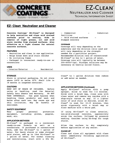 CC Concrete Coatings EZ-Clean | Concrete Acid Stain Neutralizer, Degreaser, Light Cleaner | Ready to Use | 1 Gallon |