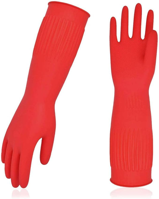 Vgo... 1-Pair Reusable Long Sleeve Thick Latex Dishwashing Gloves - Kitchen, Cleaning, Washing, Working, Painting, Gardening, Pet Care (Size M, Red, RB2143)