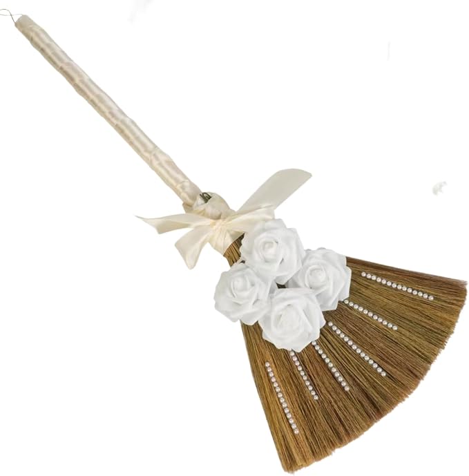 DIY Wedding Jump Broom Kit, 34" African American Jumping the Broom Ceremony Decor, Traditional Ceremonial Straw Broom with 4 White Artificial Flowers, Satin Ribbon & Pearl Stickers