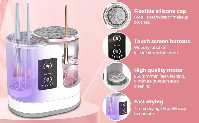 JVedette Automatic Makeup Brush Cleaner and Dryer Machine | Electric Cosmetics Brush Spinner Cleaning Kit for All Brush Sizes | Fast Deep Clean & Quick Dry in Seconds