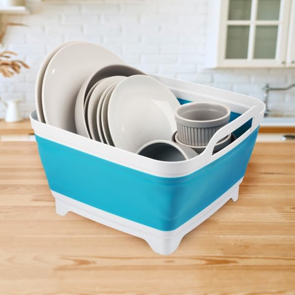 Collapsible Wash Basin - 9L Portable Sink with Drain - Plastic Tub Dish Pan for Camping, Handwashing Laundry, or Dishes by Wakeman Outdoors (Blue)