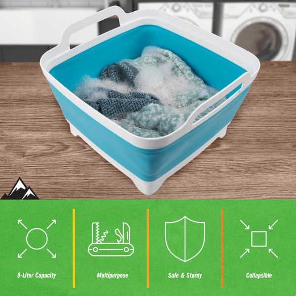 Collapsible Wash Basin - 9L Portable Sink with Drain - Plastic Tub Dish Pan for Camping, Handwashing Laundry, or Dishes by Wakeman Outdoors (Blue)