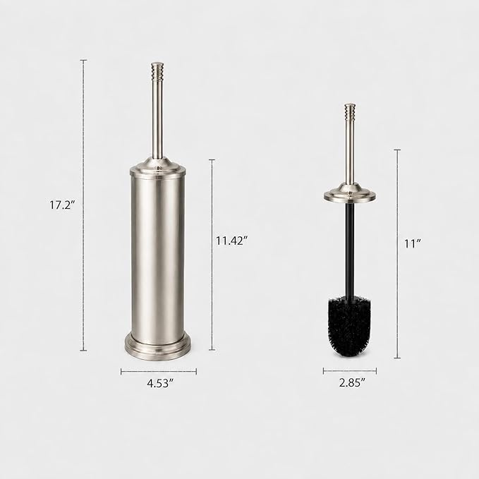 Nickel Toilet Brush and Holder Set，Extra Long Handled Toilet Bowl Brush and Holder，Stainless Steel Heavy Duty Toilet Brush for Bathroom,Deep Cleaning Modern Toilet Cleaner Slip Base