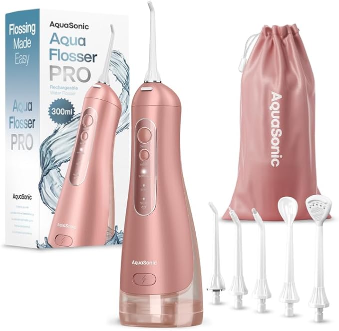 AquaSonic Aqua Flosser PRO - Rechargeable Electric Cordless Water Flosser for Teeth, Gums & Tongue - Waterproof Modern Design, 300ml Large Tank, 3 Modes, 6 Jet Tips, Deluxe Tongue Nozzle - Rose Gold
