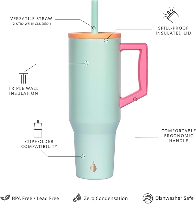 Elemental 40 oz Tumbler with Handle and Straw - Spill Proof Insulated Stainless Steel Commuter for Cold Beverages - Travel Coffee Mug with 2 Straws & Spill Proof Lid - 40oz - Mint Sorbet