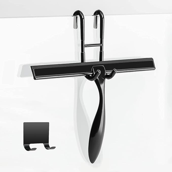 Simtive 10-Inch Shower Squeegee (Includes 1 Shower Door Hook and 1 Adhesive Hook), Shower Door Hooks (2-Pack), Both Black, 2 Item Bundle