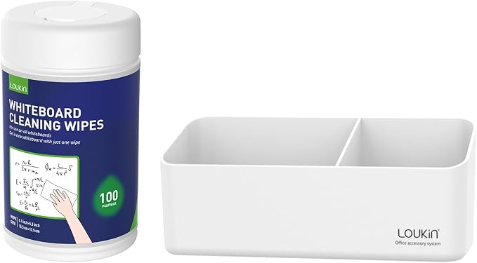 LOUKIN Whiteboard Accessories Bundle | Whiteboard Cleaning Wipes(100 Wipes) & Magnetic and Adhesive Marker Holder (White)