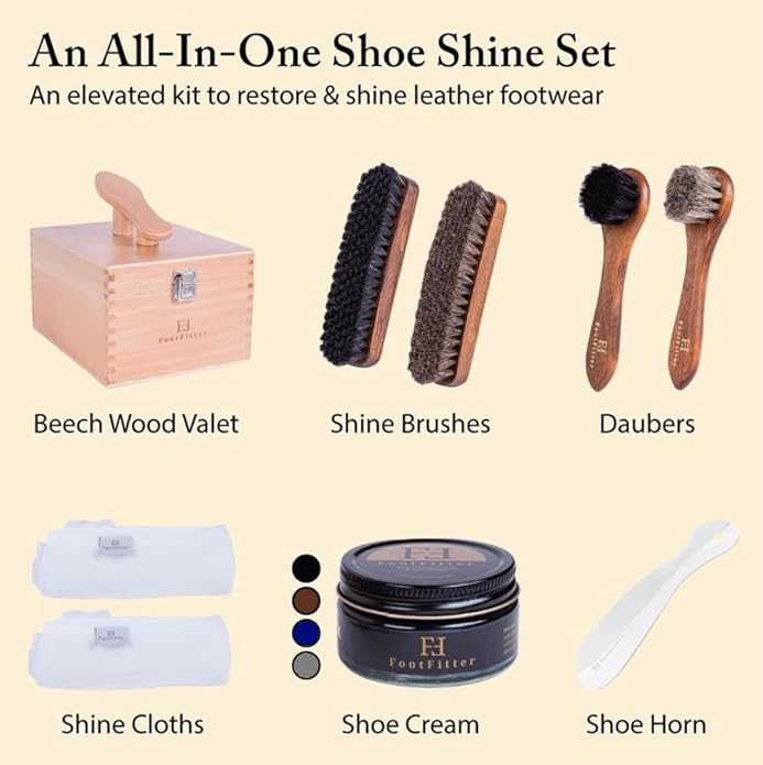 FootFitter Beech Wood Valet Box, Premium Shoe Shine Organizer with Classic Storage for Polish, Brushes, Cloths & Tools