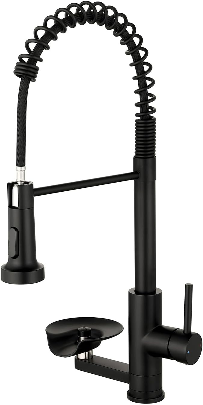 Kitchen Faucet with Cup Washer Pull Down Sprayer Stainless Steel Kitchen Sink Faucet with Deck Plate Glass Rinser Single Hole Black 3307R