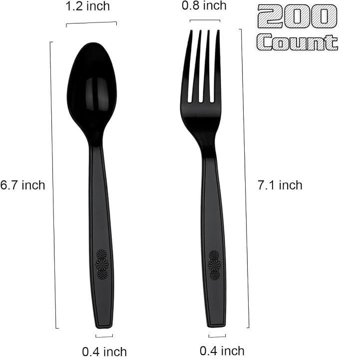 MOACOCK 200 Count Black Plastic Silverware, Heavy Weight Plastic Forks Spoons, Disposable Utensils Cutlery Set for Wedding Party Supplies Everyday Use