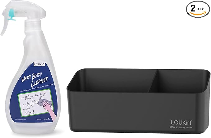 loukin Whiteboard Accessories Bundle | Non-toxic Whiteboard Cleaner (17 fl oz) & Magnetic and Adhesive Marker Holder (Black)