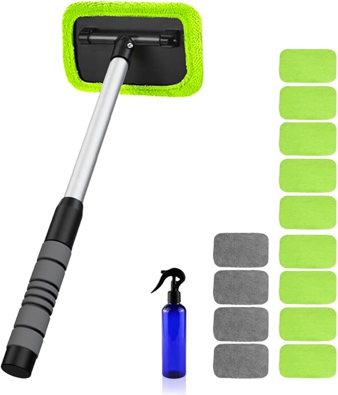 XINDELL Car Window Cleaning Combo – Windshield Glass Cleaner Tool with Extendable Handle & 14 Reusable Microfiber Pads for Interior/Exterior Glass, Streak-Free Auto Window Cleaning for Car Owners