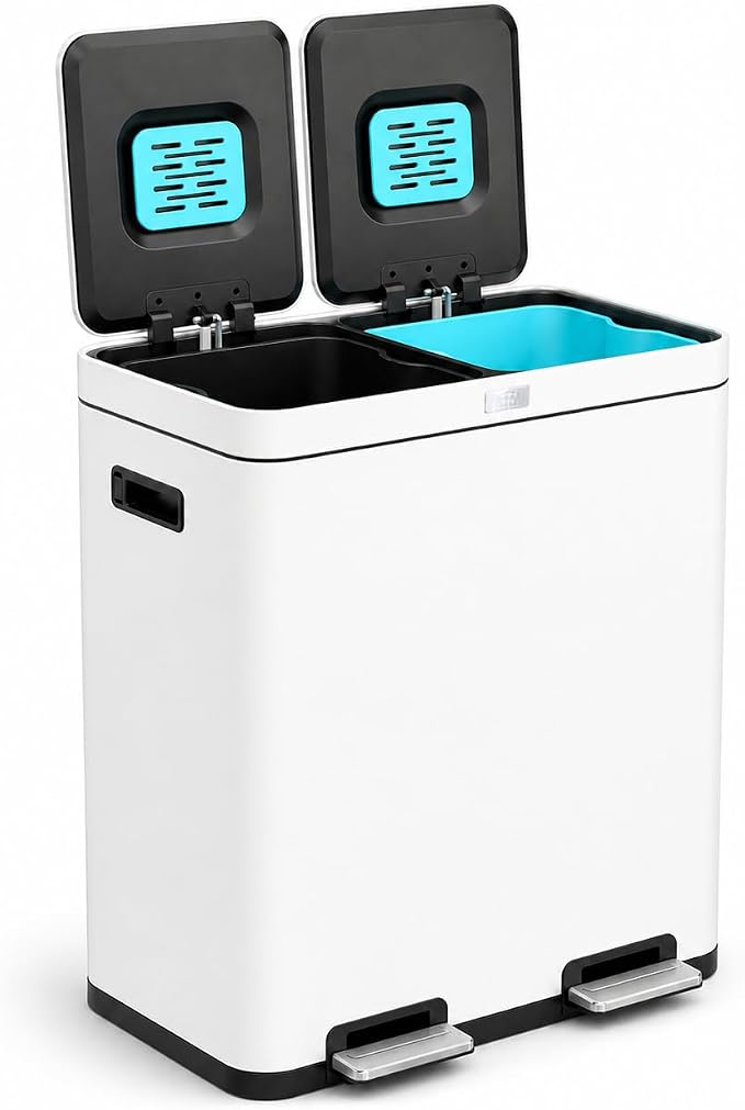 Home Zone Living 16 Gallon Kitchen Trash Can with Dual Compartments | Stainless Steel with CleanAura Odor Control, Soft-Close Step Pedal Lids for Recycling, White