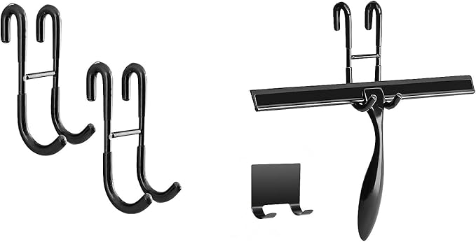Simtive 12-Inch Shower Squeegee (Includes 1 Shower Door Hook and 1 Adhesive Hook), Shower Door Hooks (2-Pack), Both Black, 2 Item Bundle