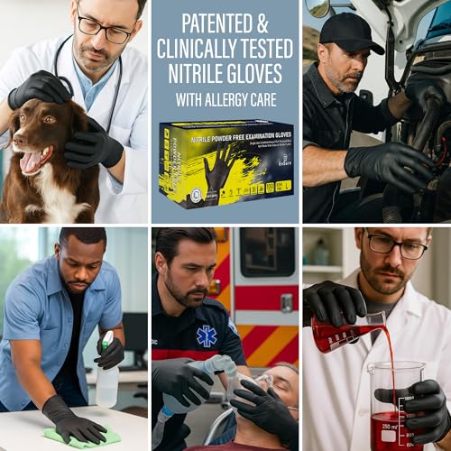 Ensure Black Nitrile Gloves – 7 Mil Heavy-Duty Disposable Gloves, Low Dermatitis, Powder & Latex Free, Puncture & Chemical Resistant for Mechanic, Industrial, Food Service, Medical Use (1000, Large)