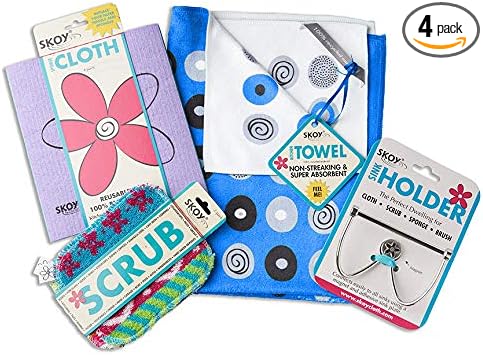 Skoy Cleaning Bundle - Cloth, Scrub, Blue Towel and Sink Holder – Environmentally Friendly, Kitchen & Household Use, Plastic-Free Packaging, Great Gift Idea!