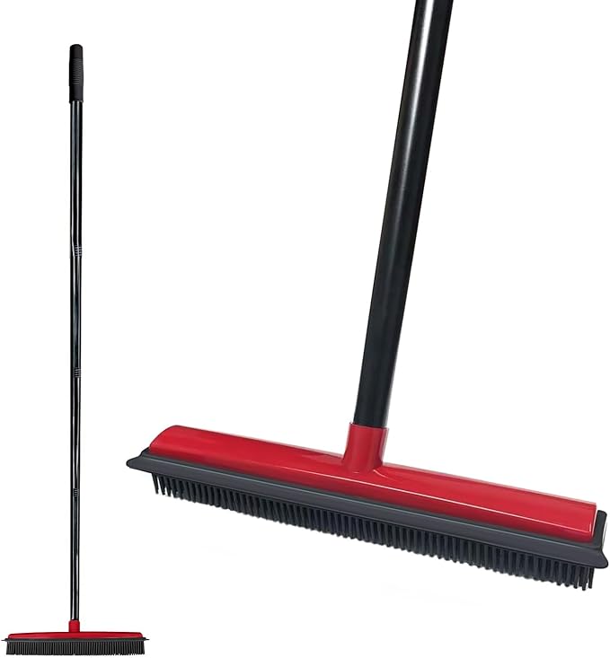 Pet Hair Rubber Broom with Squeegee for Carpet,Fur Remover Broom Carpet Rake for Pet Hair Removal, with 50"（130cm） Long Handle, Dual-Sided for Hardwood Floor, Tile,Portable Detailing Lint Brush-Red