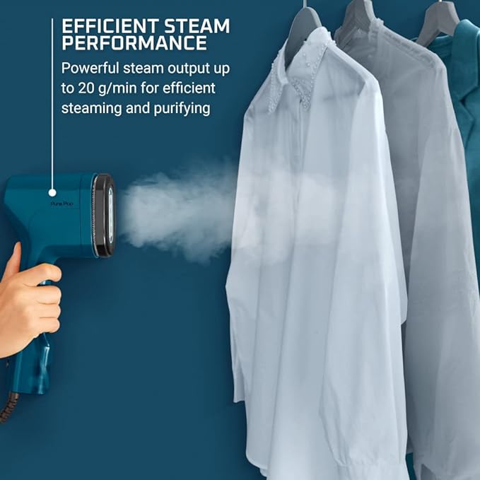 Rowenta PurePop Handheld Steamer for Clothes 1.5 Lbs 15 Second Heatup, 2.3 Oz Capacity 1150 Watts Portable, Ironing, Fabric Steamer, Garment Vacation Essentials, Travel Must Have Blue DR2020 DR2020U1
