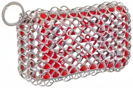 Lodge Chainmail Scrubber for Cast Iron Pans - Heavy Duty Stainless Steel Scrubbing Pad for Skillets, Dutch Ovens & Griddle Pans - Essential Cast Iron Cleaning Tool - Red