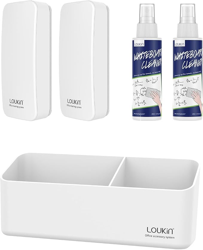 LOUKIN Whiteboard Accessories Bundle | Magnetic Dry Erase Eraser (White) 2 Pack & Non-Toxic Whiteboard Cleaner (3.4 fl oz) 2 Pack & Magnetic and Adhesive Marker Holder (White)