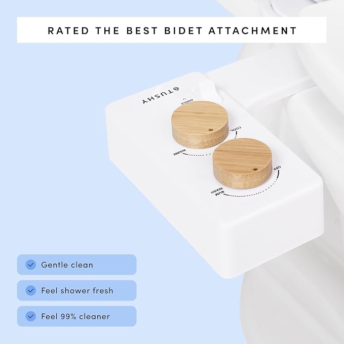 TUSHY Spa Warm Water Bidet Attachment for Toilet. Universal Fit, Easy Install (Requires Sink Access for Optional Temperature Control) Self Cleaning, Adjustable Pressure, Angle Control, Bamboo