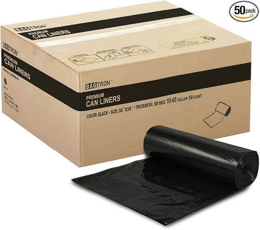 Bagtron 55-60 Gallon Trash Bags, 50 Micron Heavy Duty Pure LDPE Garbage Can Liners, 36" x 58" Large, Black, 50 Count
