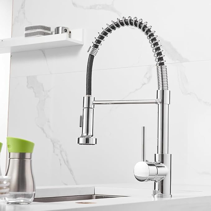 Spring Kitchen Sink Faucet Commercial Single Handle Single Lever Kitchen Faucet with Pull Down Sprayer, Polished Chrome Kitchen Faucets