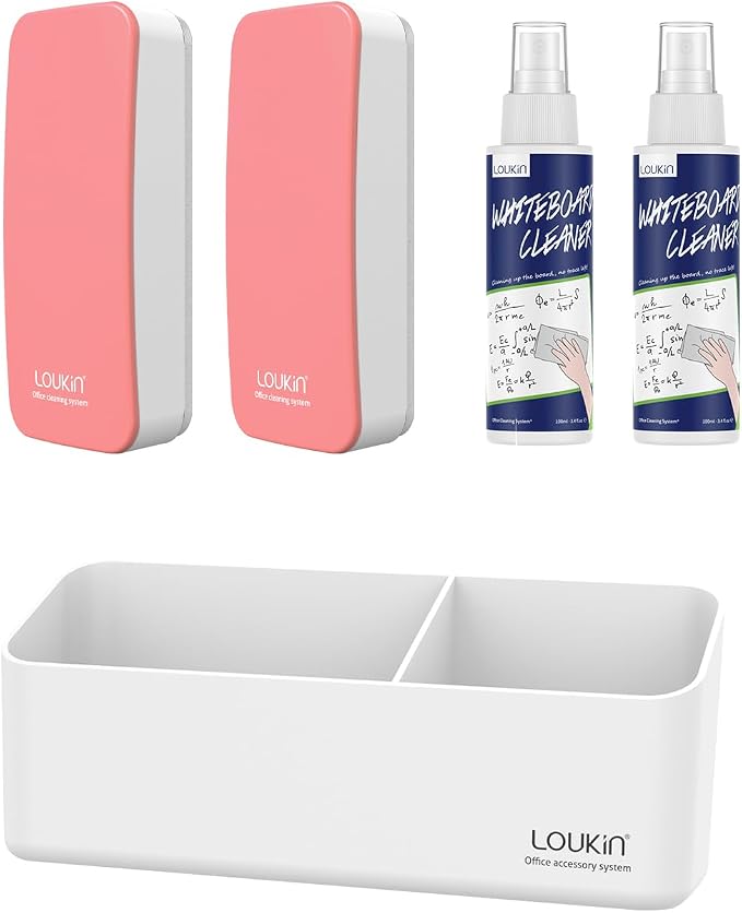 LOUKIN Whiteboard Accessories Bundle | Magnetic Dry Erase Eraser (Pink) 2 Pack & Non-Toxic Whiteboard Cleaner (3.4 fl oz) 2 Pack & Magnetic and Adhesive Marker Holder (White)