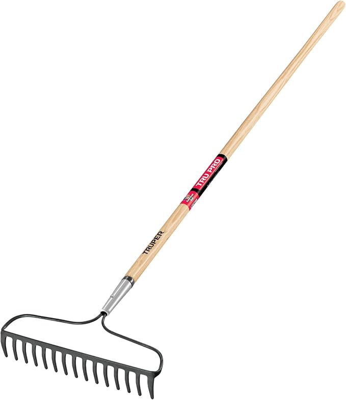 Truper TruPro 15-Tine Forged Steel Bow Rake (Model 31374 / R-16AM-X) | 60-Inch Premium Ash Wood Long Handle, Professional Landscaping Grading and Leveling Tool