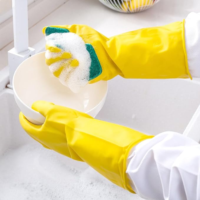 LALAFINA 2 Pairs Latex Gloves Kitchen Dishwashing Gloves Kitchen Latex Gardening Scouring Pad