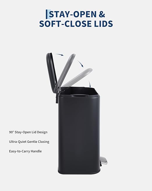 3.2 gal/12L Stainless Steel Kitchen Trash Can, Step-on Recycling Bin with Soft Close Lid, Removable Inner Bucket, Rectangular Wastebasket for Office Living Room, Black