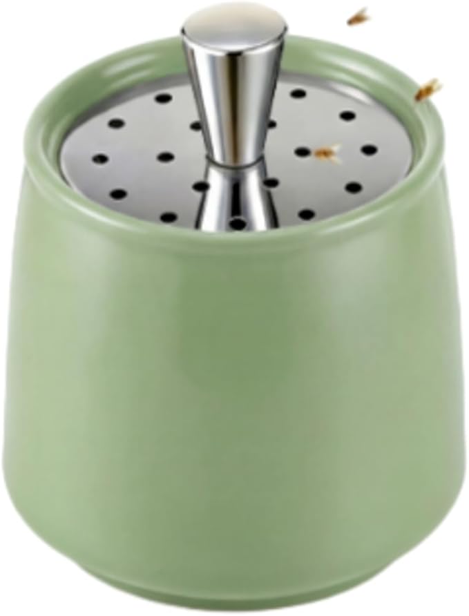 Ceramic Fruit Fly Trap for Indoors, Reusable Kitchen Fly Catcher with Stainless Steel Vent Lid, Uses Safe & Natural Vinegar Bait Trap, Dishwasher Safe, Easy to Use(Green,1 Pack)