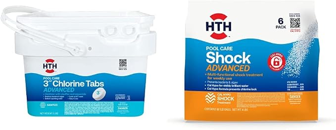 HTH 42052W Swimming Pool Care 3" Chlorine Tabs Advanced, Individually Wrapped Tablets, 5lb and HTH 52036 Swimming Pool Care Shock Advanced, Swimming Pool Chemical, Cal Hypo Formula, (6 pack)