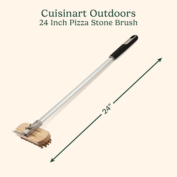 Cuisinart 24” Pizza Stone Cleaning Brush with Rotating Head and Brass Bristles for Easy Cleaning, Lightweight and Durable Long Handle Brush and Scraper for Stubborn Spots, Pizza Oven Accessory
