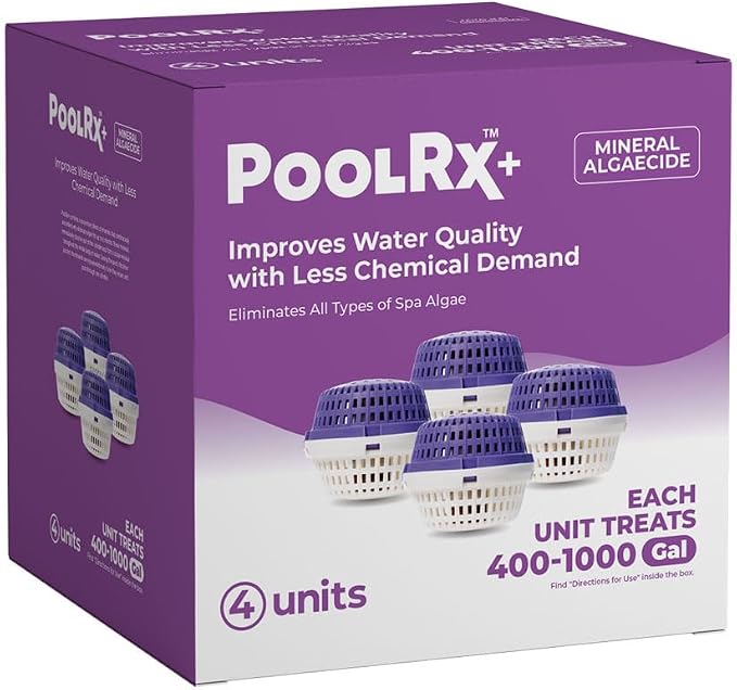 PoolRx+ Mineral Algaecide 4-Unit Pack, up to 6-Month Algae Control, for 400-1,000 gallons, Purple & White, New Formula with Silver.