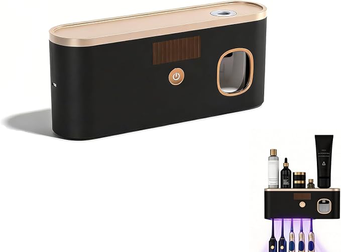 TOOVERA Toothbrush Cleaner and Holder with UVC Light & Automatic Toothpaste Dispenser, 5-Minute Cleaning, Large Capacity Battery with Solar/Wired Charging, Wall Mounted for Bathroom