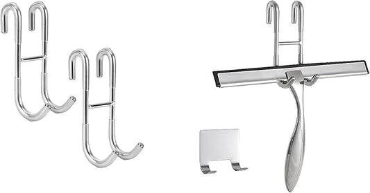 Simtive 10-Inch Shower Squeegee (Includes 1 Shower Door Hook and 1 Adhesive Hook), Shower Door Hooks (2-Pack), Both Silver, 2 Item Bundle