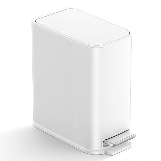 TIPGO Small Bathroom Trash Can with Lid Soft Close, Step Pedal, 1.3 Gallon / 5 Liter Stainless Steel Slim Garbage Can for Office, Diaper Waste Basket with Removable Inner Bucket (White)