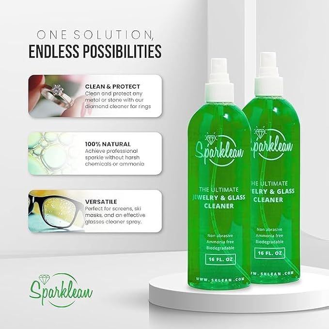 SPARKLEAN Jewelry Cleaner Spray 32oz · Bulk Refill + Ultrasonic Compatible · Safe on Gold, Silver, Diamond, Pearl · Anti-Fog Eyeglass + Lens Spray · Ammonia-Free pH-Balanced · Made in USA Since 2000