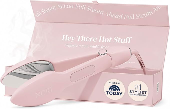 Nori Press Travel Steam Iron - Handheld Iron With Optional Steam Feature - No Ironing Board Required - Easy to Use w/ 6 Fabric Settings - Removes Wrinkles - User Manual Included -Pink