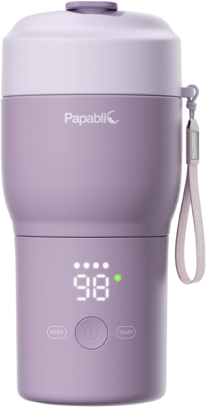 Papablic Portable Bottle Warmer Pro for Travel – Fast Heating, Built-in Sterilizer, 30W Fast Charge, 5-Temp Control, Easy-Clean Wide Mouth, Baby Milk Warmer for Breastmilk & Formula, Lilac Purple