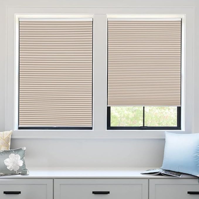 MYshade Custom Size Cellular Blinds for Indoor Windows Cordless Blackout Honeycomb Shades, No Tools, No Drill, Thermal Insulated, Noise Reduction, Room Darkening Window Blinds for Home, Beige