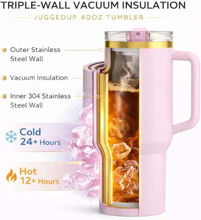 40oz Insulated Stainless Steel Tumbler with Handle & Flip Straw Lid – Leak-Proof Travel Mug, Cup Holder Compatible, BPA-Free – Blush Gold