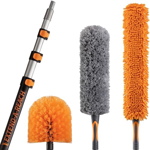 20 Foot High Reach Duster Kit with 4-12 ft Extension Pole and Medium Bristle Deck Scrub Brush Composite Deck Brush Head & Vinyl Siding Brush Boat Scrub Brush