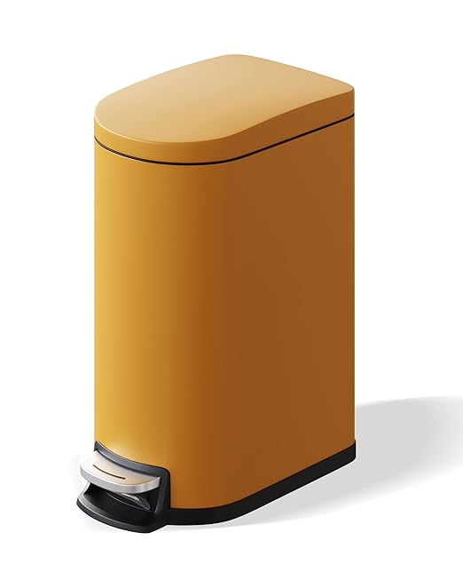 Garvee 2.6 gal / 10 L Metal Bathroom Trash Can with Lid, Slim Waterproof Garbage Can for Bedroom, Small Step-on Trash Bin with Inner Bucket, Rear Handle, Soft Close Lid, Yellow