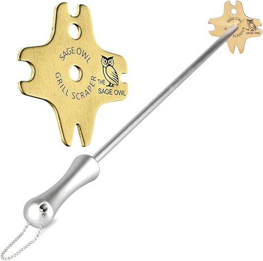 Sage Owl Bristle-Free Brass BBQ Grill Scraper with 17.5’’ Handle - Extra Portable Grill Cleaner Tool Barbecue Grilling Accessories Combo Pack - Gift Ideas for Men