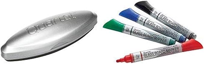 Quartet Glass Whiteboard Eraser, Premium, Magnetic, 3-in-1, 6-1/2"x1-3/8", Silver (SFEB3) and Quartet Glass Board Dry Erase Markers, Bullet Tip, Premium, Assorted Colors, 4-Pack (79552)