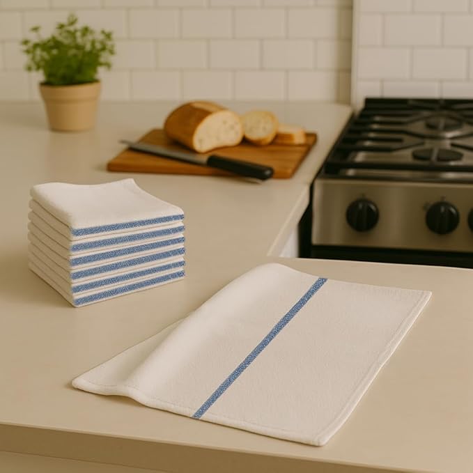 ZUPERIA Bar Mop Towels - 24 Pack (16"x19") - 100% Cotton High Absorbency Kitchen Towels – Reusable Dish Cloths, Quick-Dry Rags with Blue Stripe – Ideal for Restaurants, Cooks, Bartenders & Homes